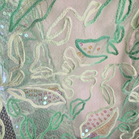 Green Two-Tone Oblong Scarf Abstract Leaf Pattern Iridescent Sequins  Fringed - Picture 5 of 6